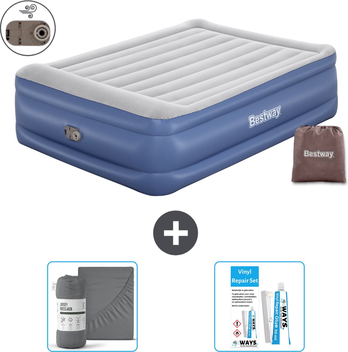 Bestway luchtbed - 2-Persoons - 152 x 203 x 56 cm - Grijs/Blauw - Inclusief pomp - Hoeslaken en Reparatieset