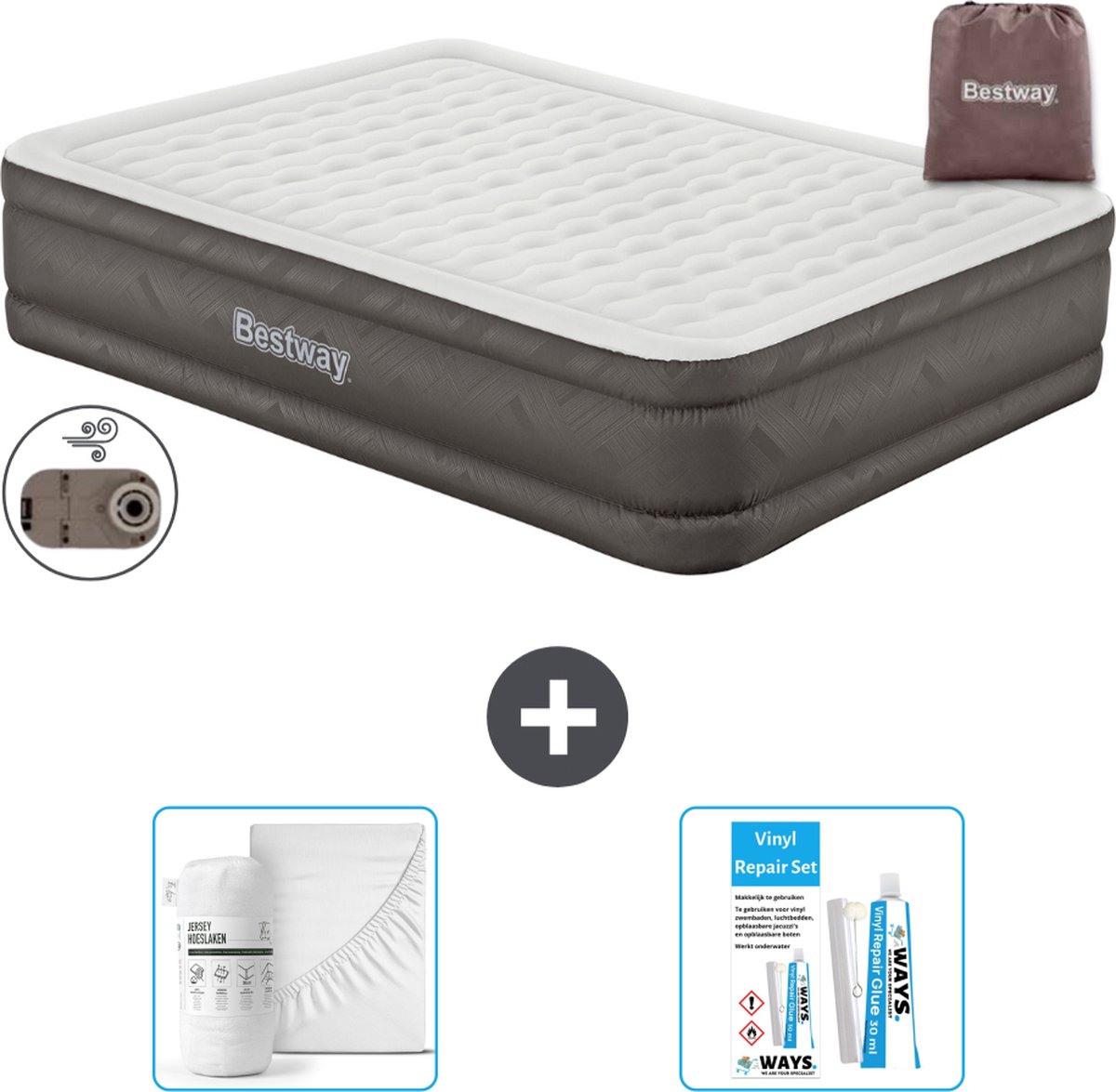 Bestway luchtbed - 2-Persoons - 152 x 203 x 46 cm - Bruin - Inclusief pomp - Hoeslaken en Reparatieset