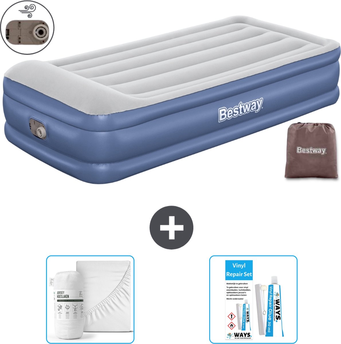 Bestway luchtbed - 1-Persoons - 97 x 191 x 46 cm - Grijs/Blauw - Inclusief pomp - Hoeslaken en Reparatieset