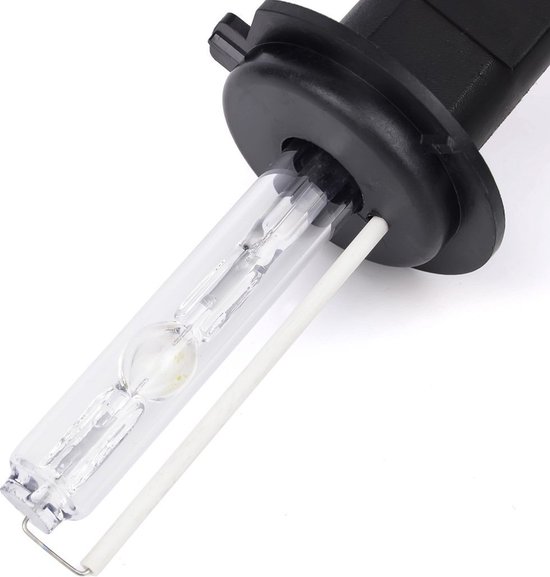 Een HID-lamp met heldere glazen buis, witte isolatie en zwarte voet.