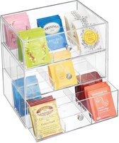 Theedoos - keukenorganizer/opbergbox voor theezakjes, koffiepads, suiker en meer - met 27 compartimenten en 3 lades/plastic - doorzichtig