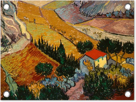 Tuin decoratie Landschap met een huis en een ploeger - Vincent van Gogh - 40x30 cm - Tuindoek - Buitenposter