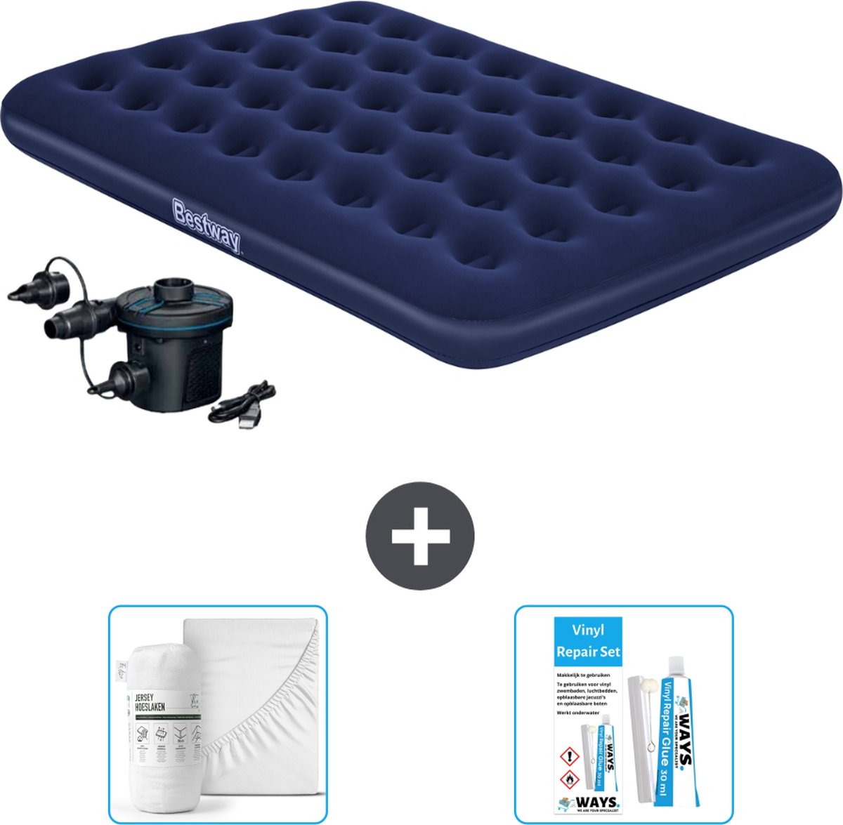 Bestway luchtbed - Twijfelaar - 137 x 191 x 22 cm - Blauw - Inclusief pomp - Hoeslaken en Reparatieset