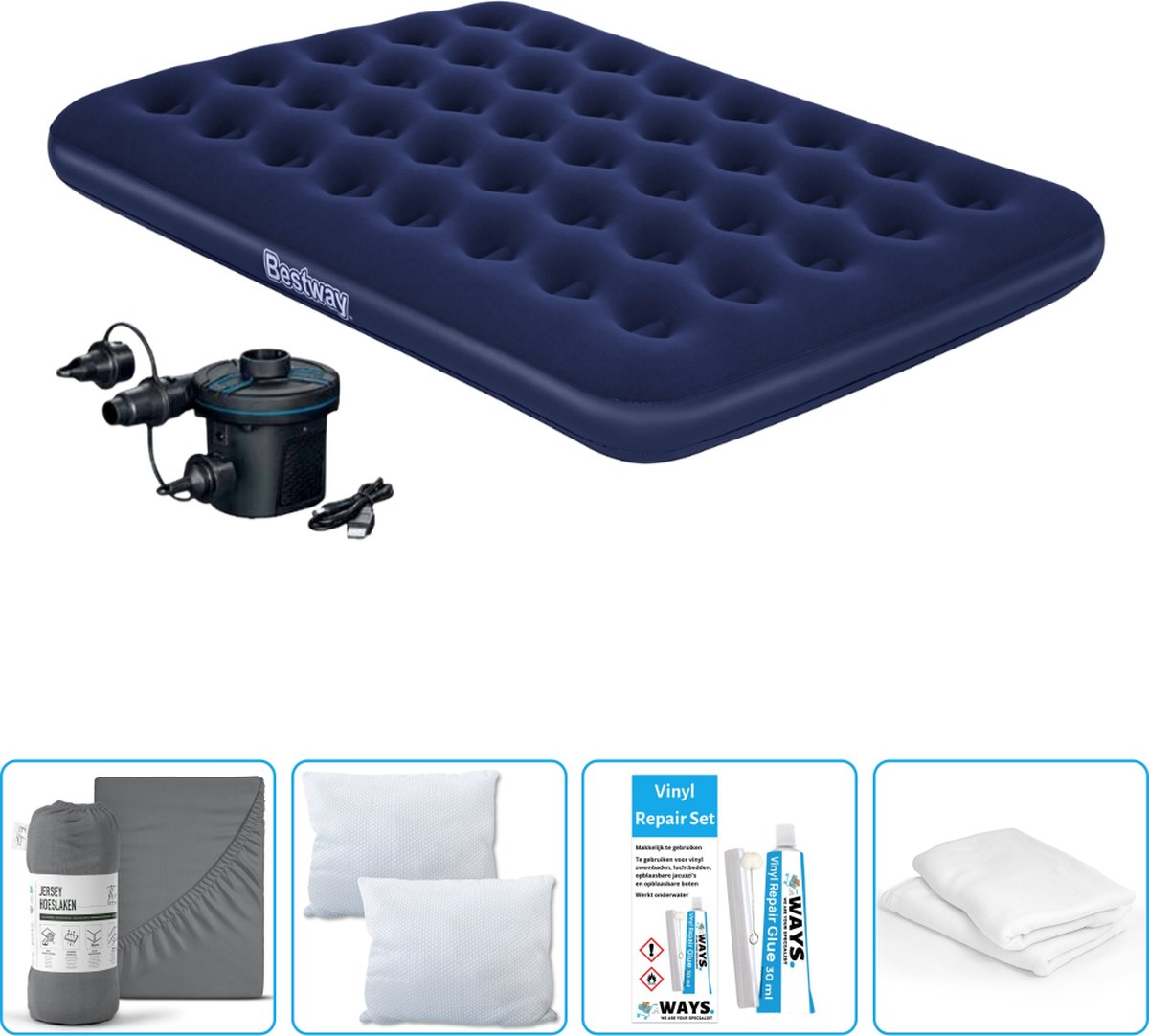 Bestway luchtbed - Twijfelaar - 137 x 191 x 22 cm - Blauw - Inclusief pomp - Hoeslaken - Kussen - Kussenbeschermer en Reparatieset