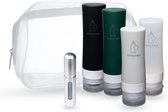 Set van 4 cosmeticaflessen met etiket, toilettas en parfumverstuiver, TSA-goedkeuring voor handbagage, lekvrije, navulbare, BPA-vrije reisflessen voor verzorgingsproducten, donkergroen, zwart, helder, grijs, reisflessen