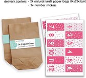 DIY adventskalender om te vullen - met 24 bruine papieren zakjes en 24 roze gekleurde stickers - voor DIY en knutselen - Mini Set No 36 - Kerstmis 2021 voor kinderen.