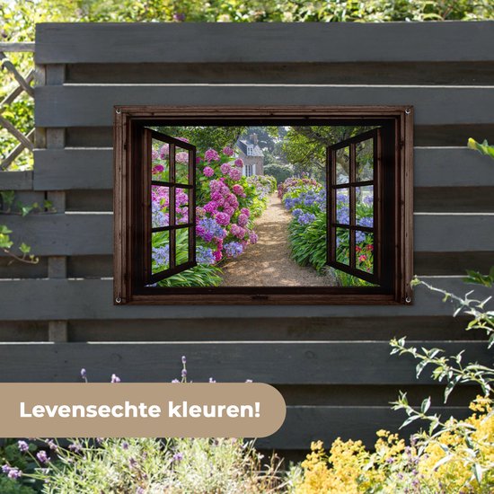 Tuinposter doorkijk bloemen - Donkerbruin raam - Tuindecoratie hortensia - 120x80 cm - Tuinschilderij voor buiten paars - Tuindoek - Wanddecoratie tuin - Schuttingdoek - Balkon decoratie - Muurdecoratie - Buitencanvas tuinversiering