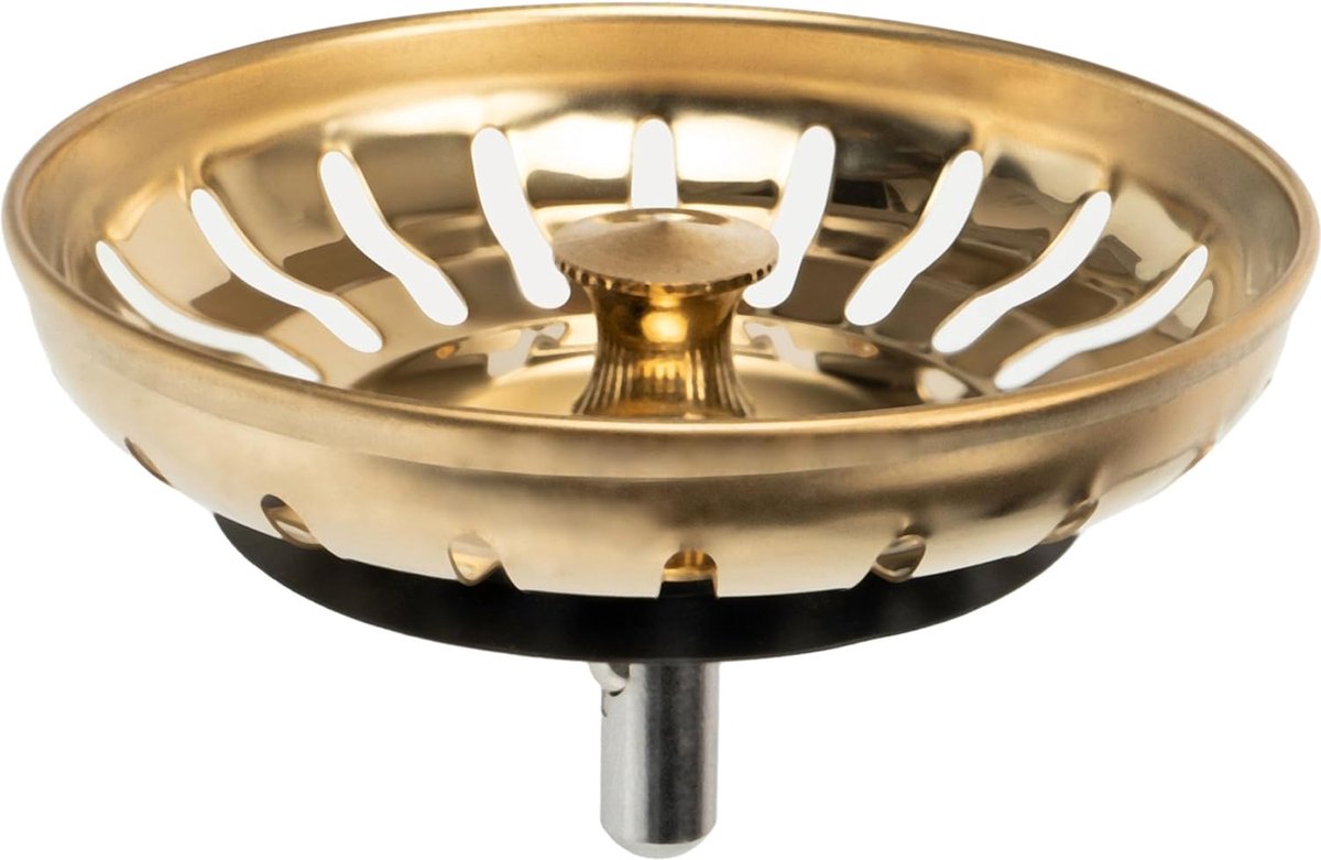 Goedkoopste Spoelzeefje, 1 stuk, Ø 83 mm zeef, in goud, de excentrische pen steekt 25 mm diep in de afvoer, Ø 7,8 mm pin, reserveonderdeel voor keukenspoelbakken, keukenafvoerzeef, gootsteen