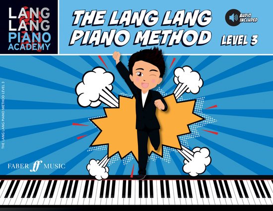 De Lang Lang Piano Methode Level 3, met audio inbegrepen. Een jongen in een zwart pak danst blij op een piano.