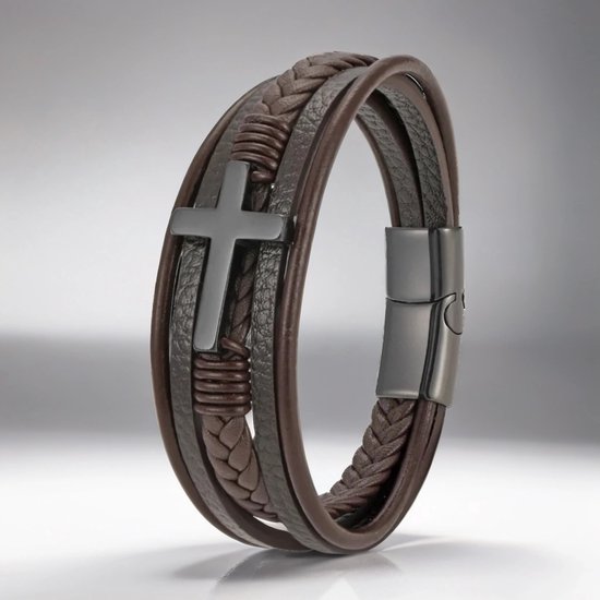 Heren Armband Leer - Bruin met Zwart Kruis - 23cm - Armbanden - Cadeau voor Man - Mannen Cadeautjes