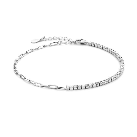 New Bling 9NB-1259 Zilveren Tennisarmband - Half Schakels - Zirkonia - 2mm - Armband - 17+3cm - Cadeau voor haar - Rhodium - Zilver