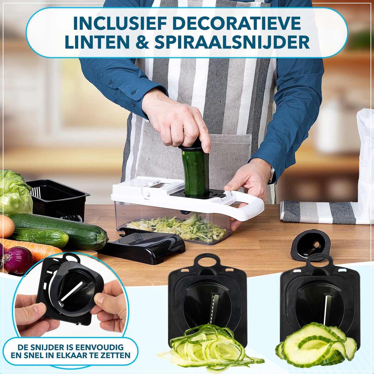 OZD Mandoline Groenteschaaf, groentesnijder van roestvrij staal, 5-in-1 keukenschaaf, verstelbaar, voor groenten, komkommers, fruit, mandoline, groentesnijder met handschoenen en reinigingsborstel