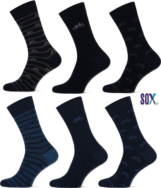 CRAZY SOX 6 PACK Multipack met Fantasie Fietsen Marine en Jeans 40/46 in 80% Katoen en Naadloos