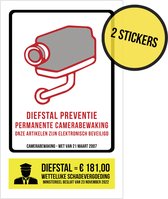 Pictogram/ sticker | Camerabewaking Wetgeving maart 2007 + Diefstal preventie | 19 x 32 cm | Onze artikelen zijn beveiligd | Winkeldiefstal | Dieven afschrikken | Diefstal | Politie | GAS-boete | Wettelijke schadevergoeding 181,00 euro | 2 stuks