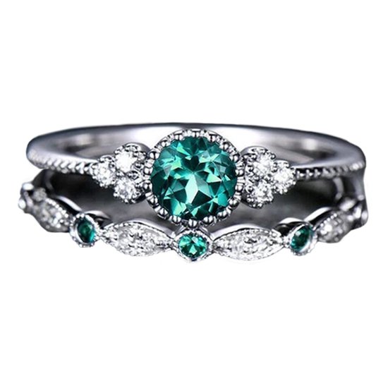 Ringen dames zilver kleurig staal - Ring met groene steen (set) - Ring met steen dames - Ring maat 19 zilver kleurig staal - Maat 59 ring dames ringen set van 2 - Groen