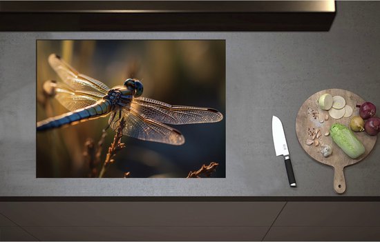 Foto: Inductieplaat beschermer blauwe libel staat op bloem met gedetaileerde doorzichtige vleugels 75x55 cm 2 mm dik inductie beschermer bescherming inductiekookplaat kookplaat beschermer van wit vinyl