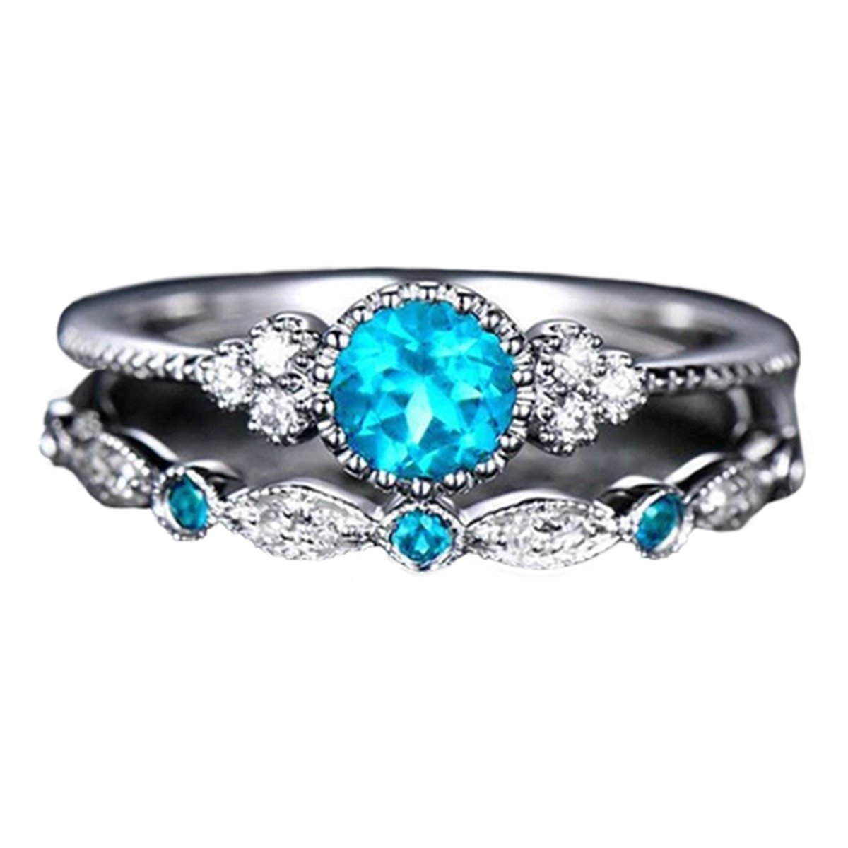 Ring met edelsteen (set) - Ring met blauwe steen - Ring maat 16 zilver kleurig staal - Maat 51 ring dames ringen set van 2 - Aquamarijn