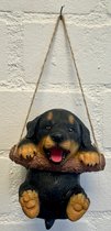 Polyresin hangend (tuin) dier "hond" - zwart + bruin - hoogte 15x10x8 cm - ophangtouw - Voor binnen of buiten - Tuinaccessoires - Woonaccessoires