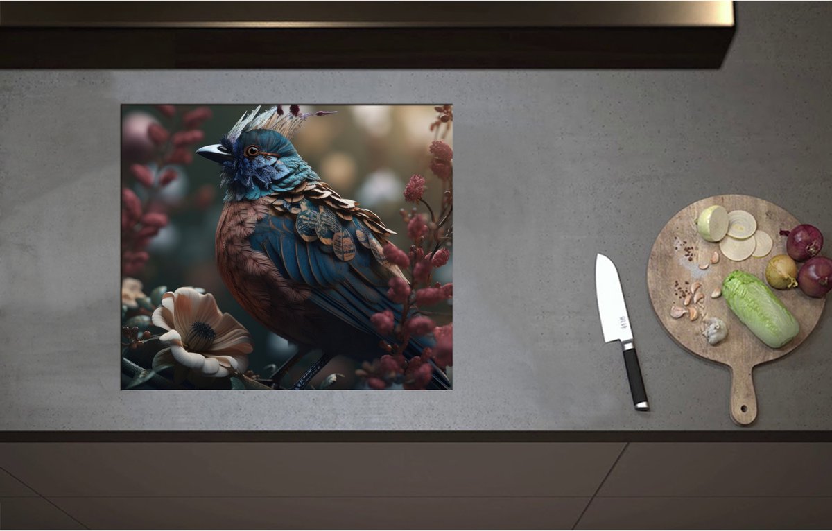 Inductieplaat Beschermer - Blauwe Gaai Vogel met Kleurrijke Veren en Bloemen - 60x52 cm - 2 mm Dik - Inductie Beschermer - Bescherming Inductiekookplaat - Kookplaat Beschermer van Zwart Vinyl