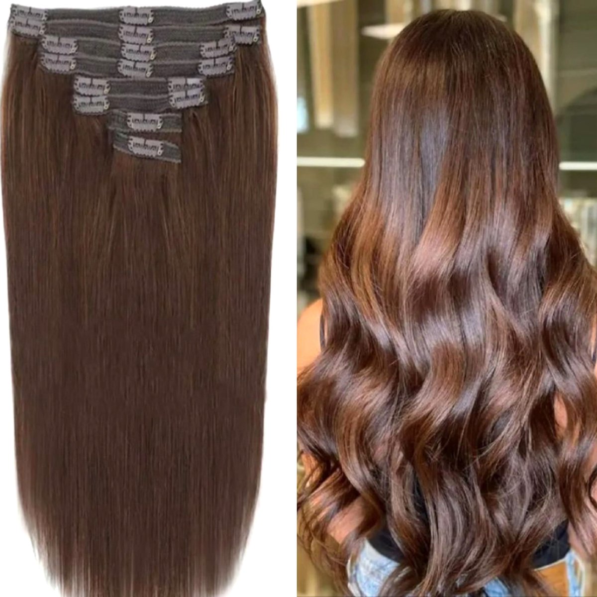 Frazimashop- Clip in Extensions, 100% Human Hair, steil , Straight 24 inch, kleur #4 Chocolate Brown