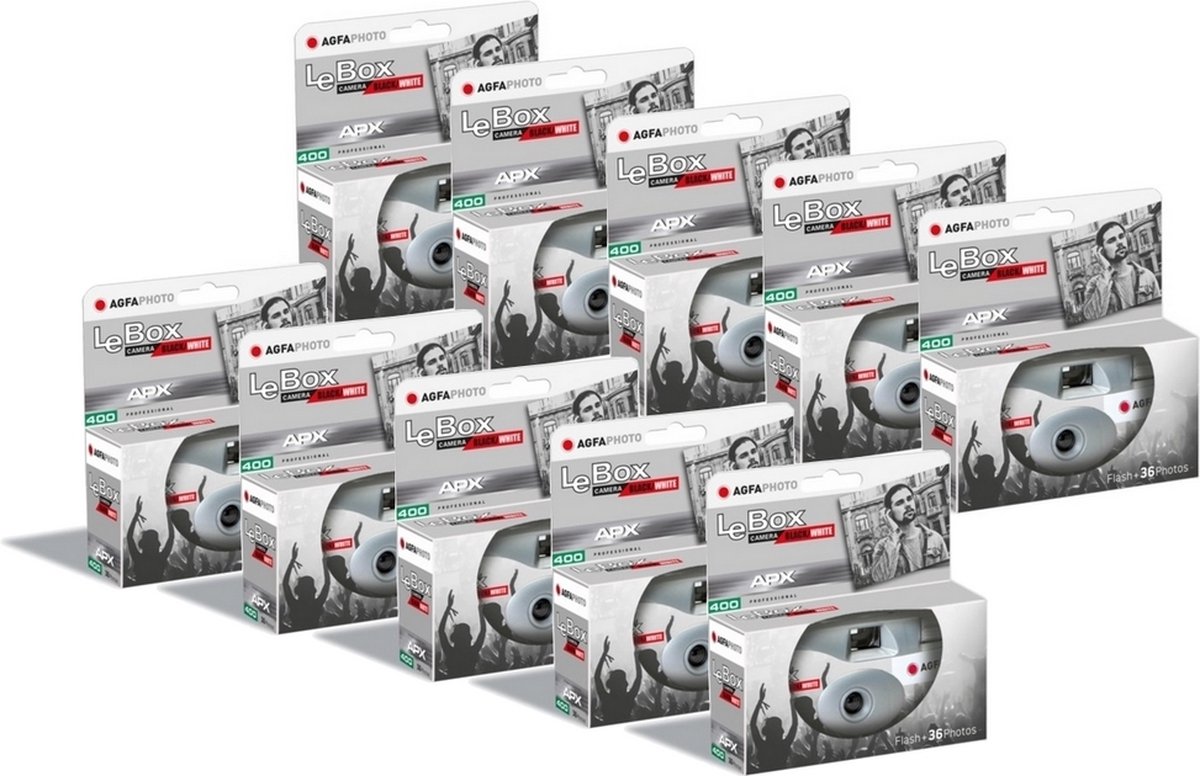 AGFA PHOTO PACK 10 x 601026 - Appareil Photo Jetable LeBox Black&White, 27 Photos, Objectif Optique 31 mm - Gris