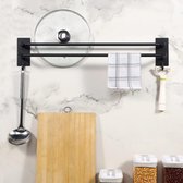 SUS304 Handdoekhouder voor aan de wand, dubbel 60 cm, zonder boren, zwart, roestvrij staal, zelfklevend, voor badkamer, keuken