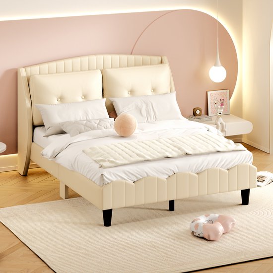 Sweiko 140 x 200 cm gestoffeerd bed met Platte noedelslijst, rugleuning en twee grote kussens, tweepersoonsbed, gemaakt van PU leer, geschikt voor volwassenen en tieners, Beige