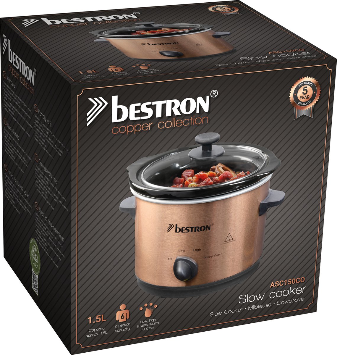 Bestron ASC450CO elektrische Slowcooker, met keramische pan en glazen deksel, 4,5 liter, 225W, koper