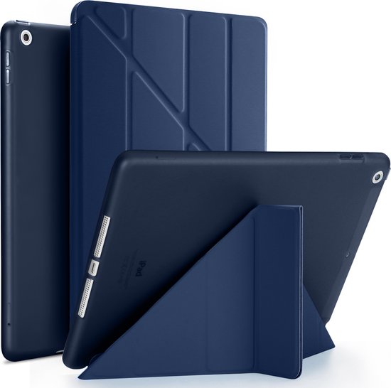 Donkerblauwe iPad hoes met vouwpatroon, met de mogelijkheid om de iPad rechtop te zetten.