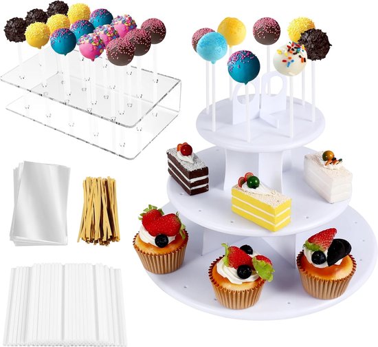 EACHPT Cake pop stelen, cakepopstandaard, 16 gaten, lollyhouder met 100 cakepopstelen, 100 lollipopzakjes, 100 twist-stropdassen, cakepop stelen voor snoep, feestelijke decoratie