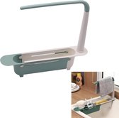 Telescopische gootsteenorganizer, keukenspoelbakrek, nieuwe organizer, spoelbakhouder, opbergmand, afvoermand, afdruiprek, theedoekenhouder, instelbare lengte 23-45 cm, voor keuken, groen