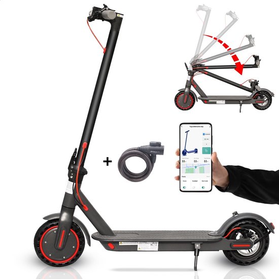 Zwarte elektrische step met rode accenten. De step is inklapbaar, met een bijbehorende app en een slot.