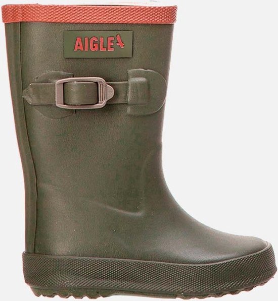 Donkergroene regenlaars met bruine rand en gesp, Aigle logo.