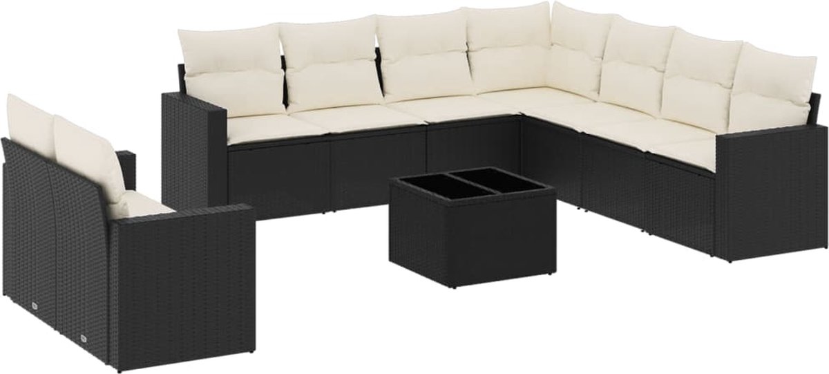 vidaXL 10-delige - Loungeset - met - kussens - poly - rattan - zwart