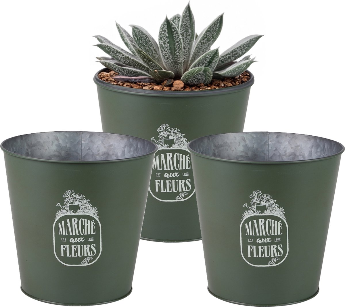 Goedkoopste Sunnydays Emmer/plantenpot/bloempot - 3x - zink - legergroen - D23 x H22 cm