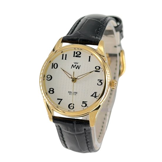 Mats-Watch - Damescollectie - Zwarte leren band - Goudkleurige kast - Belgisch merk - 25 jaar garantie - Luxe sieraden - Limited Edition