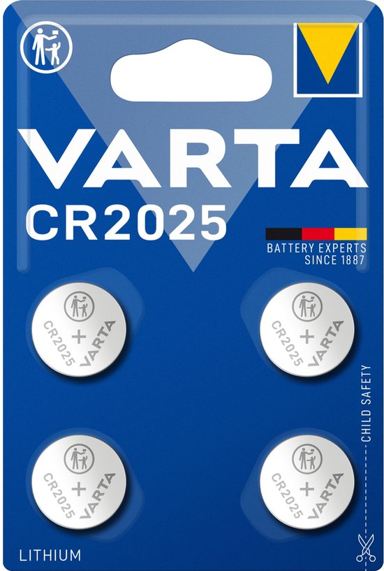 Varta CR2025 lithium knoopcelbatterijen in een blauwe verpakking met 4 stuks.