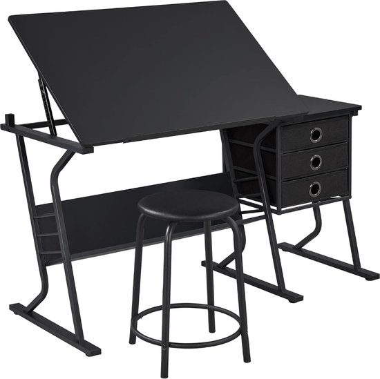 Tekentafelset met kantelbaar tafelblad, bijzettafel met 3 schuifladen, ronde stoel en opbergrek voor schrijven, lezen, schilderen en tekenen