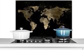 Spatscherm keuken 80x55 cm - Kookplaat achterwand Wereldkaart - Zwart - Goud - Muurbeschermer - Spatwand fornuis - Hoogwaardig aluminium