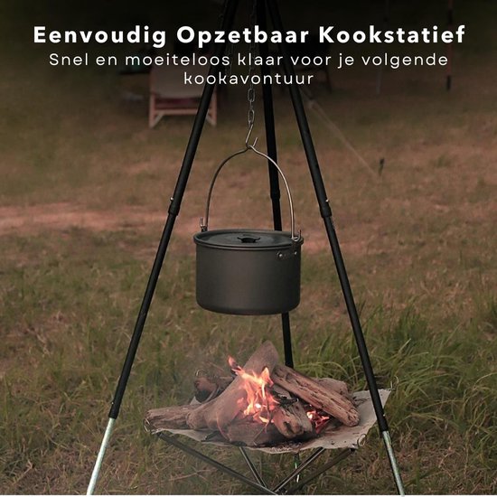 Driepoot Standaard - Stabiel Buiten Koken - 150cm - In Hoogte Verstelbaar - Camping - BBQ Statief - Tripod - Extra Sterk - Grondstekers - Metaal - Kookstatief — afbeelding 3