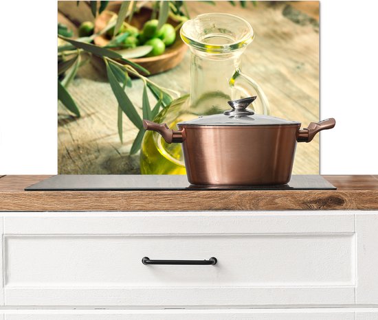 Spatscherm keuken 70x50 cm - Kookplaat achterwand Kan - Glas - Hout - Groen - Muurbeschermer - Spatwand fornuis - Hoogwaardig aluminium