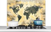 Spatscherm keuken 100x65 cm - Kookplaat achterwand Wereldkaart - Grijs - Krant - Muurbeschermer - Spatwand fornuis - Hoogwaardig aluminium