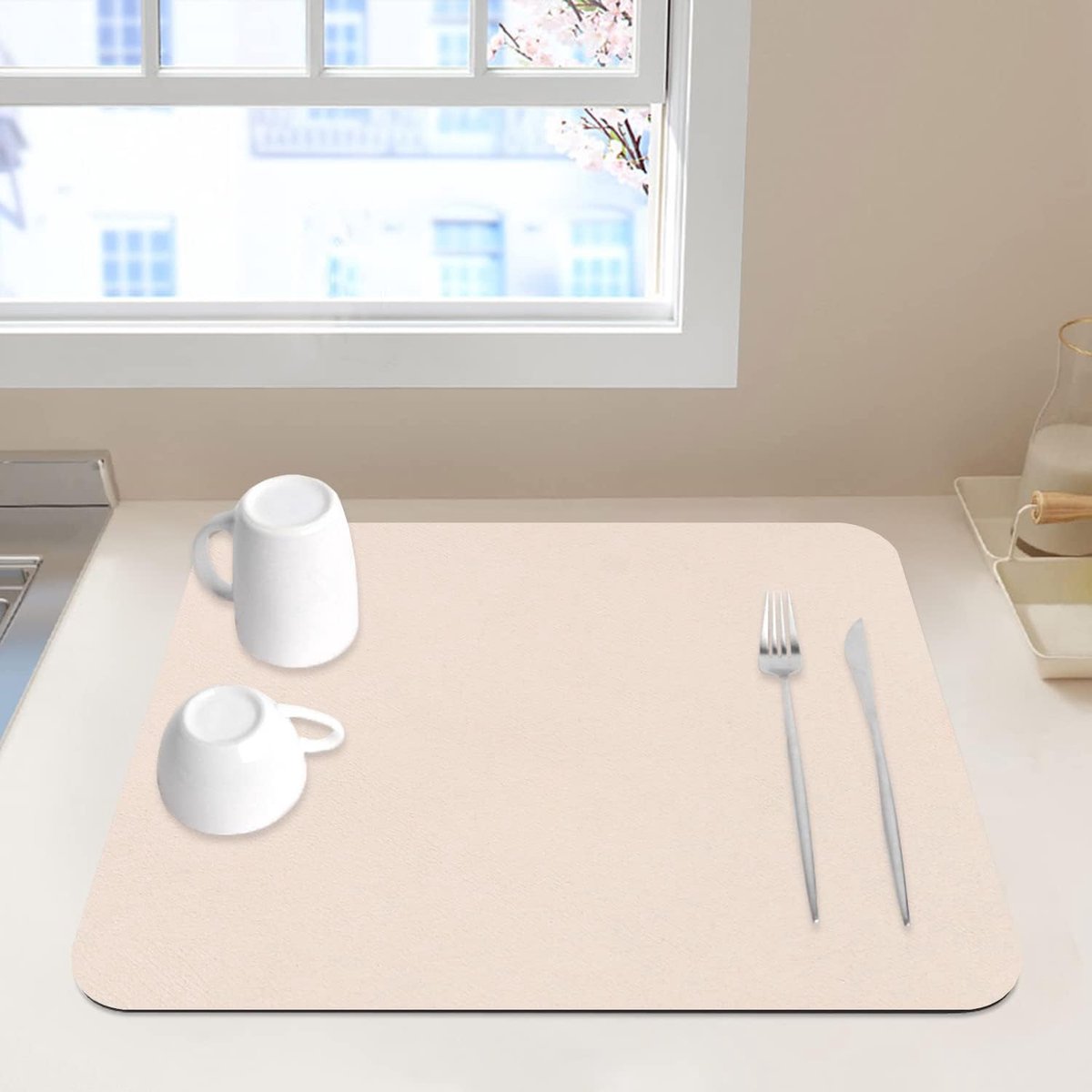 Goedkoopste Afdruipmat, sneldrogende droogmat, absorberende afdruipmat, servies, antislip afdruipmat, spoelbakmat voor keuken, koffiezetapparaat, badkamer, beige (40 x 50 cm