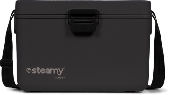 Zwarte Steamy Classy koelbox met schouderband en een kliksluiting.