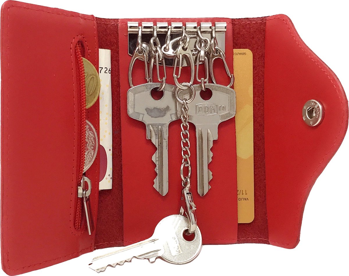 Designer Leren Sleuteletui - Sleutelmapje - Sleuteltasje met pasjeshouder en ritsvakje voor muntgeld - Sleutel organizer - Sleutelhouder -Rood
