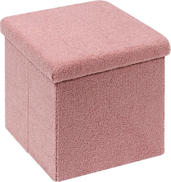 Kruk, zitkubus met opbergruimte, opvouwbare zitkubus met deksel, fluwelen voetenbank, kist, opbergdoos, roze, 40 x 40 x 40 cm