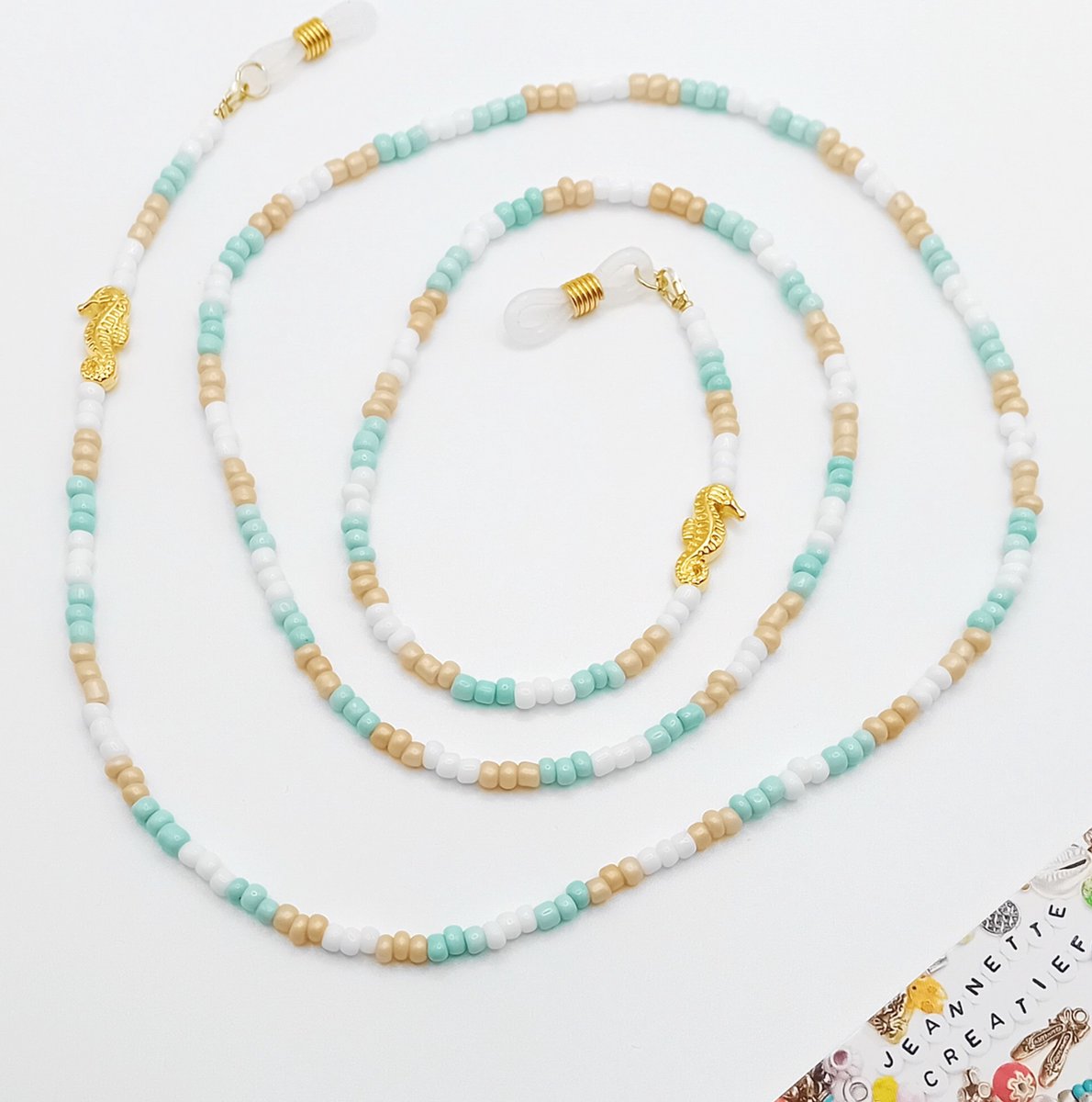 Jeannette-Creatief® - Zonnebrilkoord - Zonnebrilkoord Zeepaard - Zeepaardjes - Brillenkoord - Seahorse - Mintgroen - Zandkleur - Mermaidcore