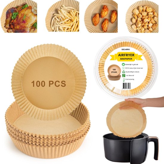 Decarro Airfryer Bakpapier - Geschikt voor Airfryer XL & XXL BPA vrij - Wegwerpbakjes - 20 tot 23cm - 100 Stuks