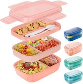 Lunchbox broodtrommel met vakken, 1900 ml, voor kinderen en volwassenen, Bento Box, 3 lagen, reizen, broodtrommel met uitsparing, lunchtrommel voor werk, picknick (roze)
