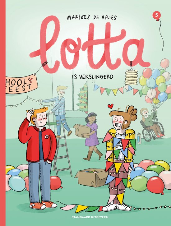 Boekomslag: Lotta 5 - Lotta is verslingerd, met feestelijke figuren en ballonnen.